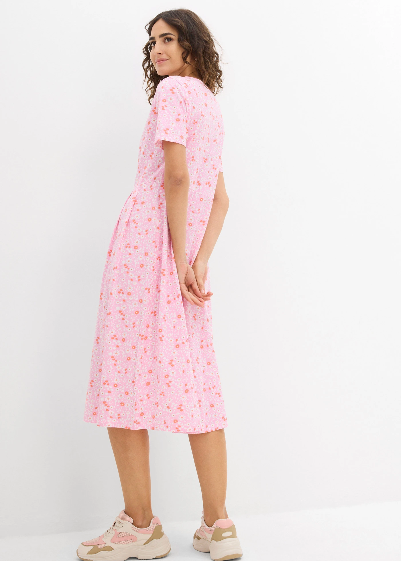 Midi jurk van katoen-jersey • roze/zalmoranje/wit • bonprix online shop