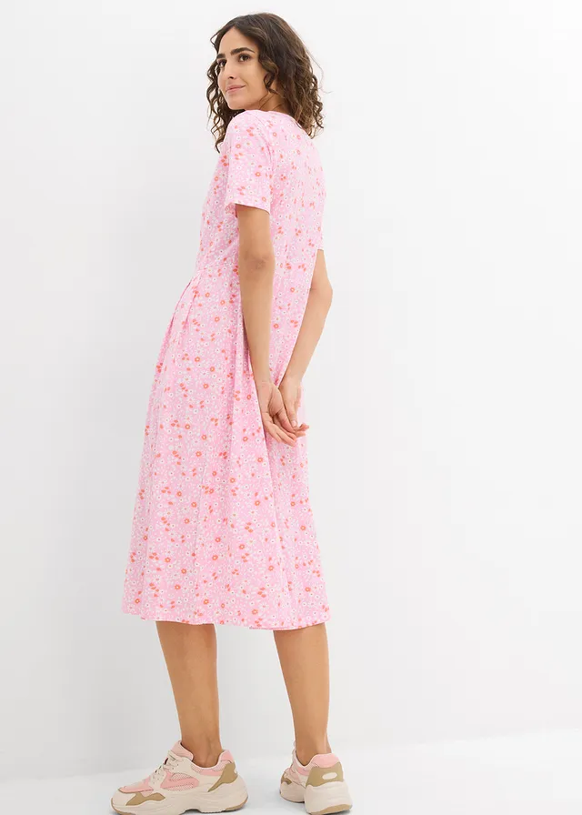 Robe midi en jersey coton, Couleur: rose/orange saumon/blanc