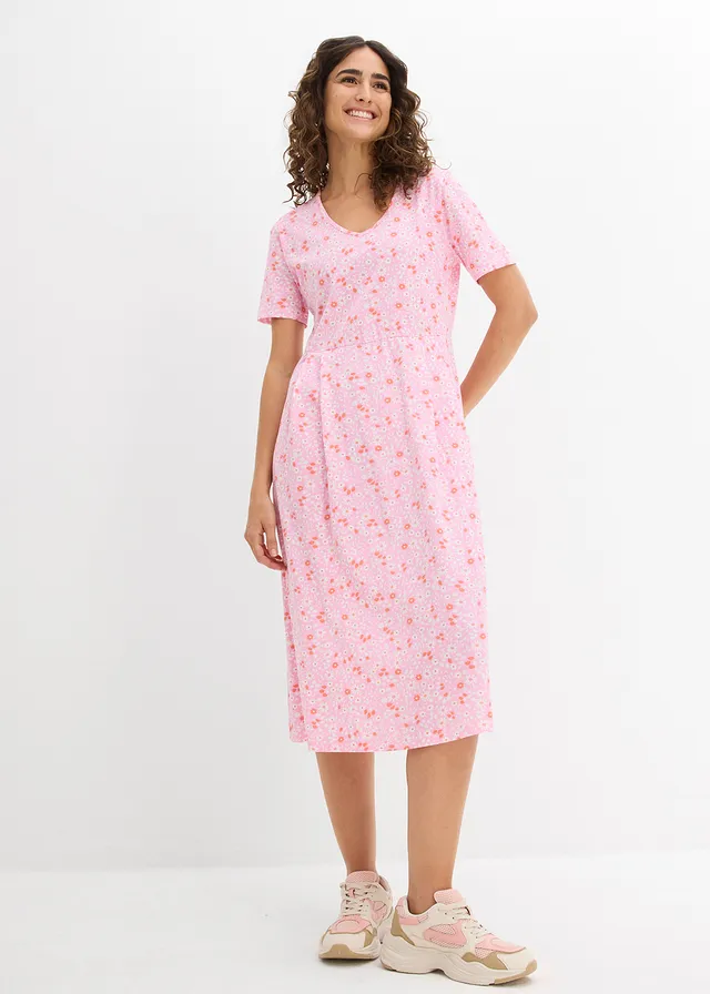 Midi jurk van katoen-jersey, Kleur: roze/zalmoranje/wit