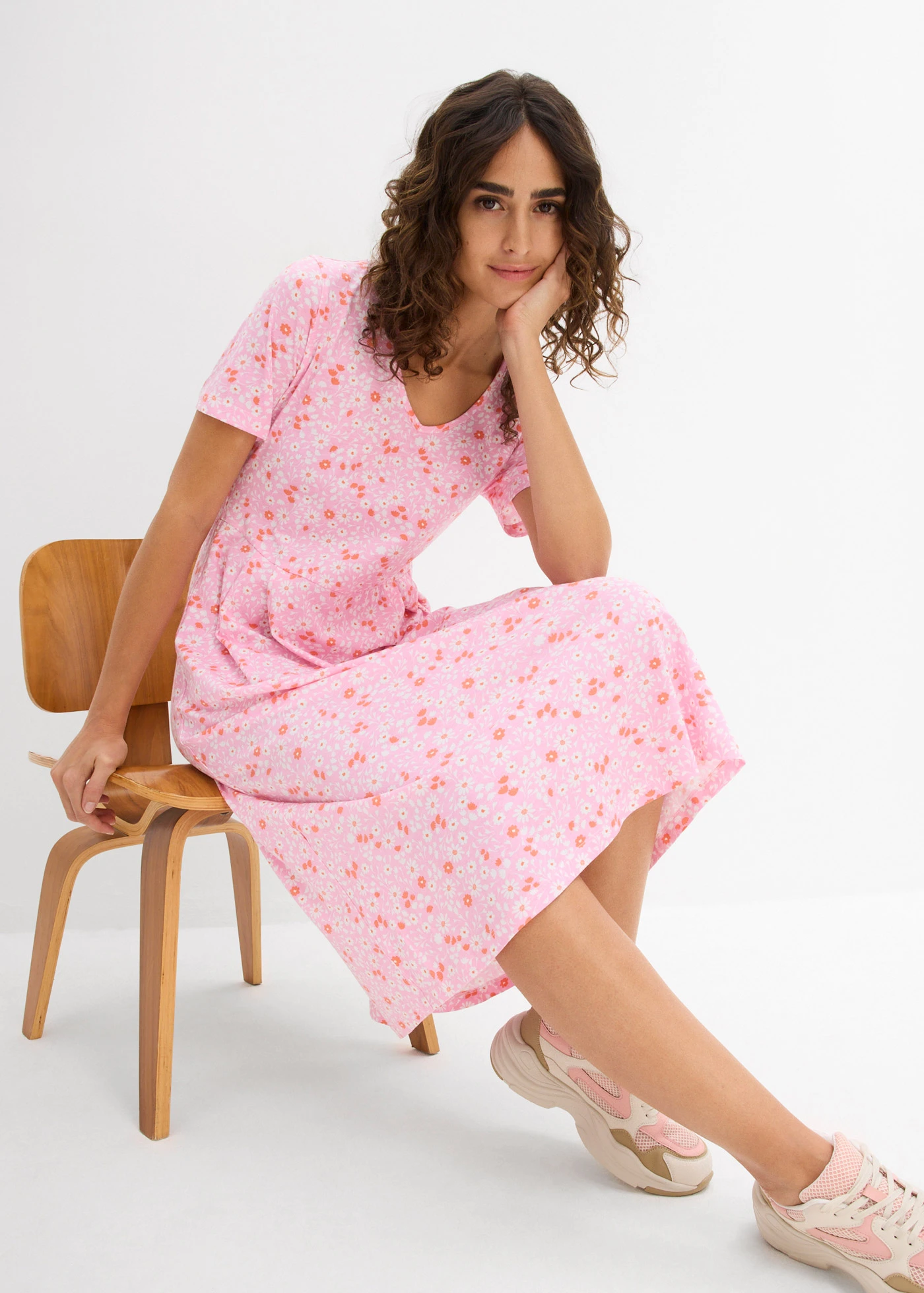 Midi jurk van katoen-jersey • roze/zalmoranje/wit • bonprix online shop