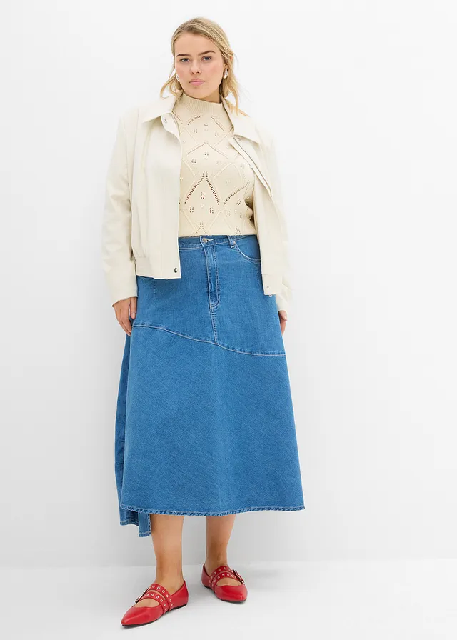 Midi spijkerrok, hight waist, Kleur: lichtblauw denim used