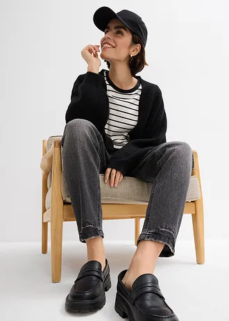 Blugi mom cu talie înaltă, low stretch, cropped • negru denim uzat • magazin bonprix