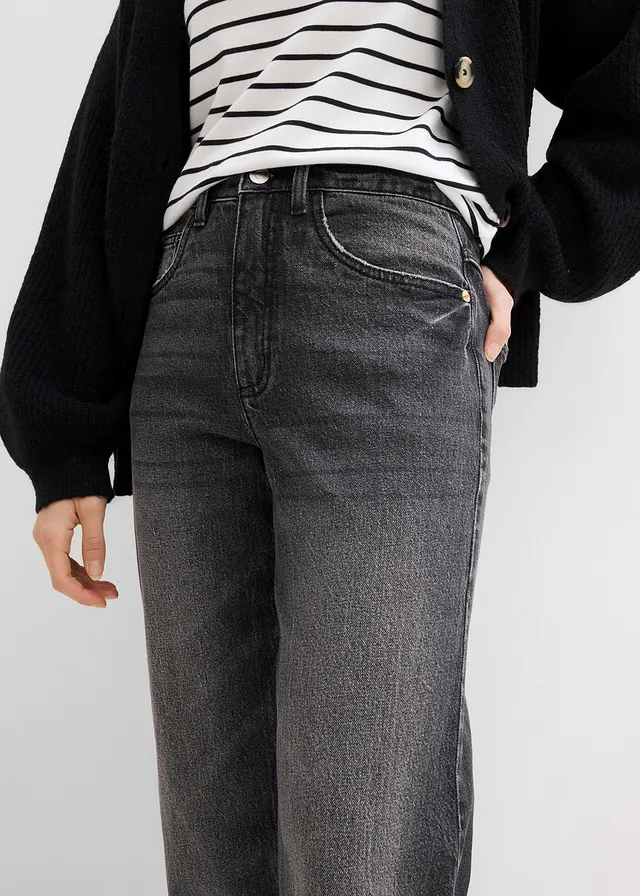 Jean mom taille haute, peu extensible, cropped • noir denim used • product-page.page-title-suffix