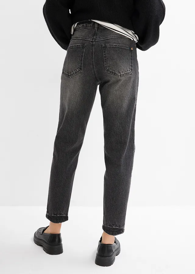 Jean mom taille haute, peu extensible, cropped, Couleur: noir denim used