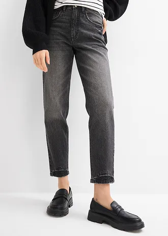 Mom-farmer, High Waist, Low sztreccs, rövidített • fekete denim, használt hatású • bonprix áruház