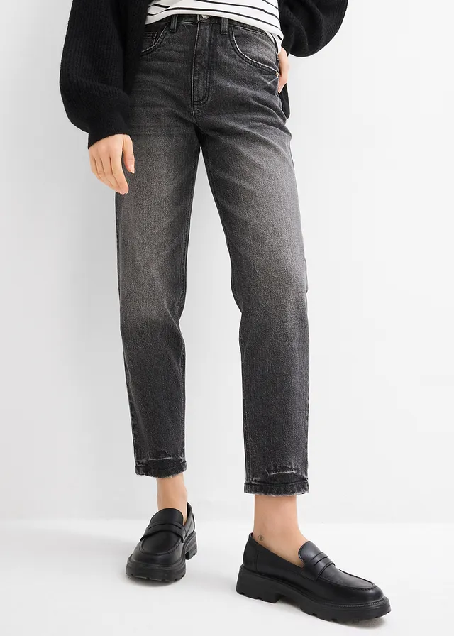 Jean mom taille haute, peu extensible, cropped • noir denim used • product-page.page-title-suffix