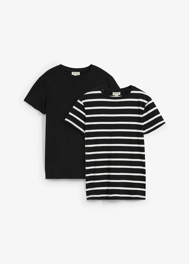 Lot de 2 T-shirts 100% coton, Couleur: noir-écru rayé