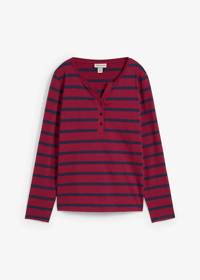 Henley shirt van biologisch katoen • rododendronrood-donkerblauw strepen • bonprix online shop