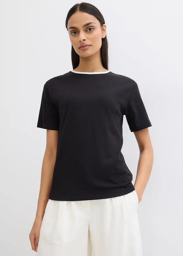 T-shirt met contrasterend detail, Kleur: zwart