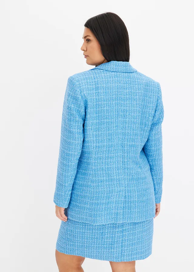 Blazer en maille bouclette à boutonnage double, Couleur: bleu brillant chiné