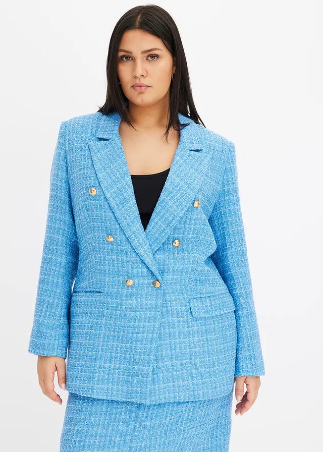 Blazer en maille bouclette à boutonnage double, Couleur: bleu brillant chiné