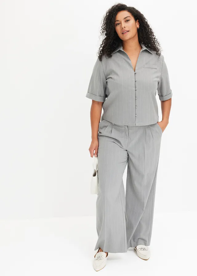 Pantalon large à pinces et rayures tennis, Couleur: gris/beige rayé