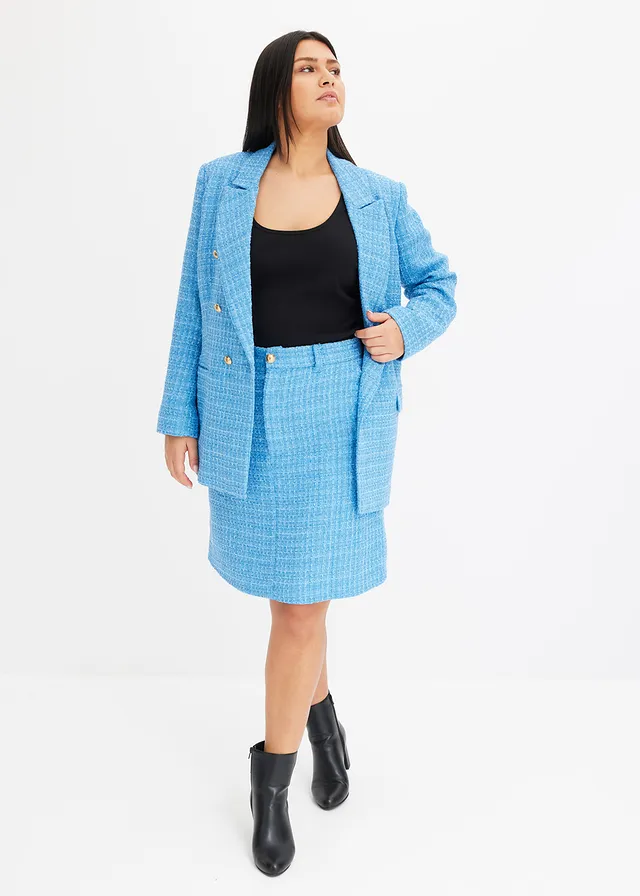 Blazer en maille bouclette à boutonnage double, Couleur: bleu brillant chiné