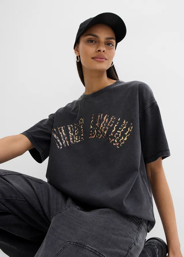 Oversized shirt in een zachte katoenmix • zwart met print used washed • product-page.page-title-suffix