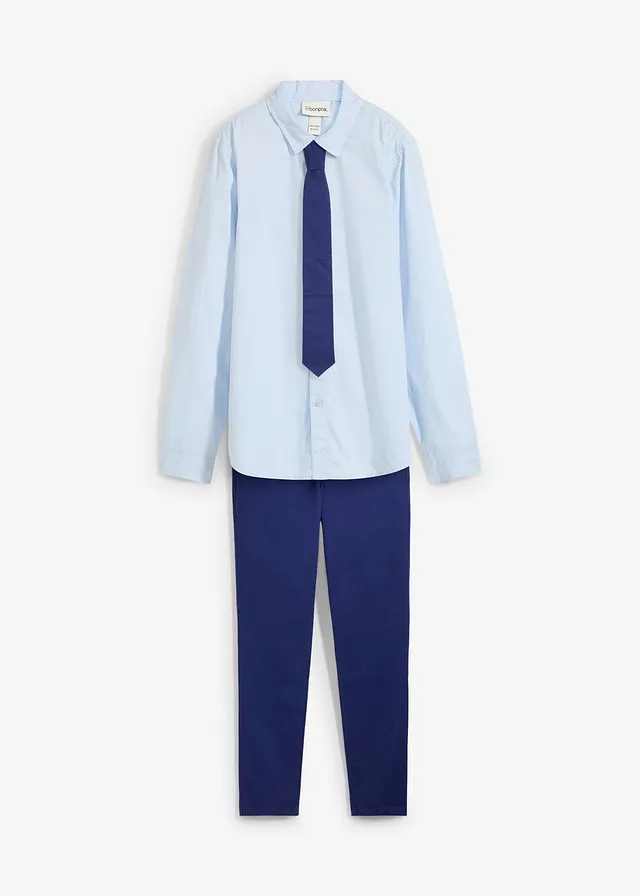 Cămașă cu mânecă lungă, pantaloni chino, cravată (3 piese)