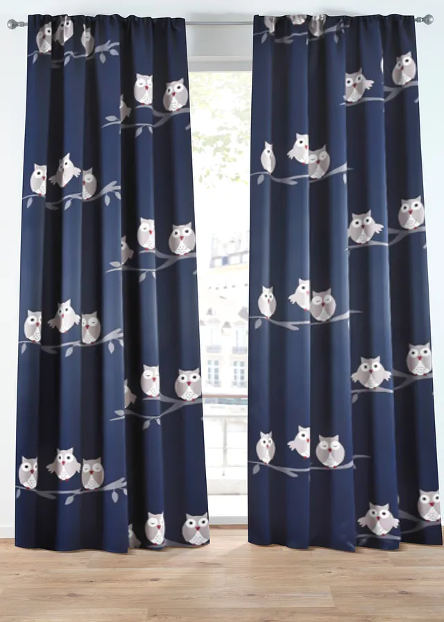 Draperie cu imprimeu bufnițe, cu poliester reciclat (1 buc.)