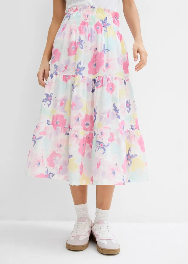 Strokenrok van mousseline, Kleur: flamingopink gebloemd