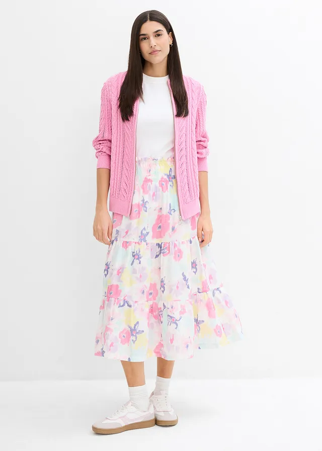 Jupe étagée en gaze de coton, Couleur: rose flamant à fleurs