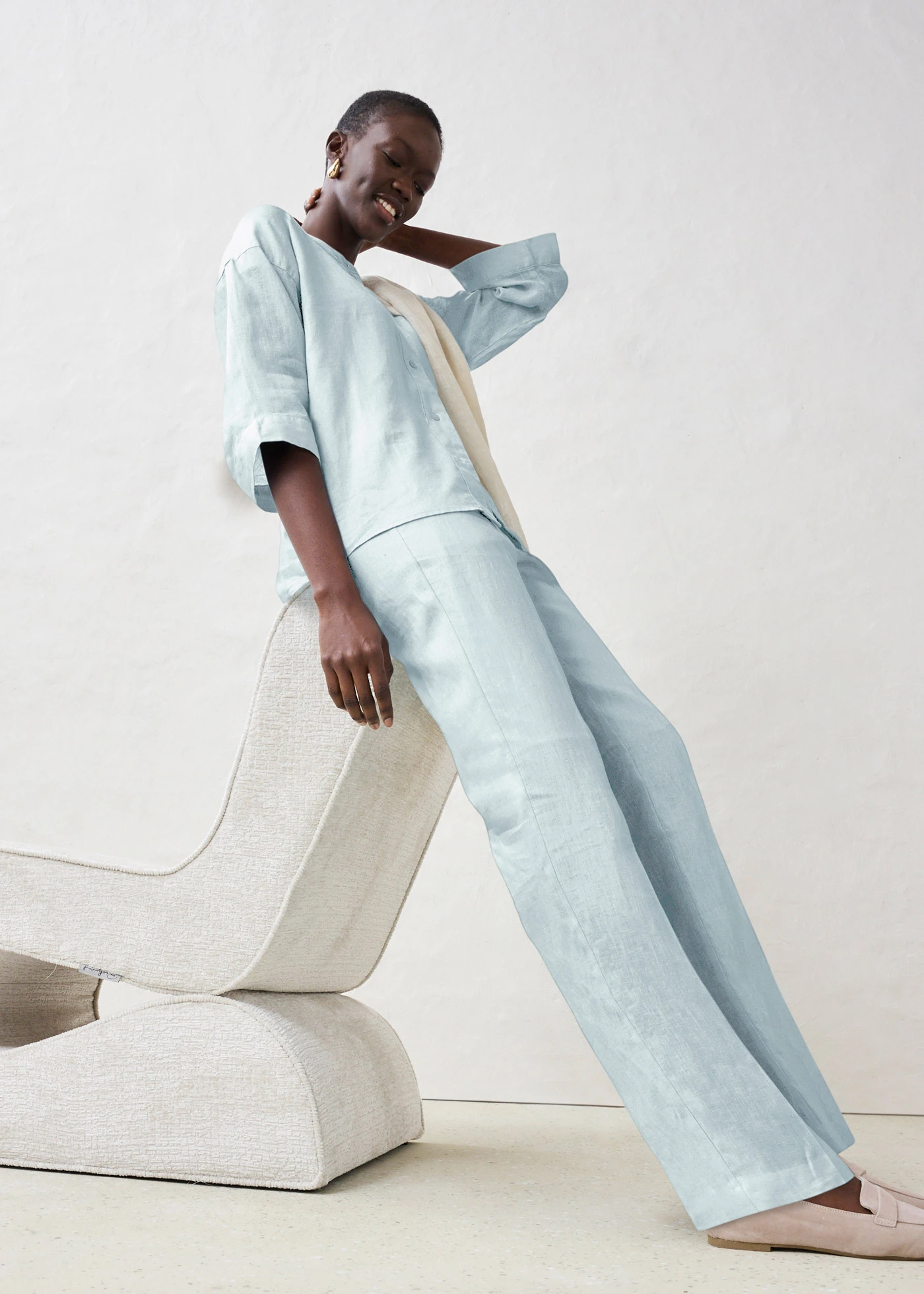 Kalhoty bez zapínání, z čistého lnu • ledově modrá • bonprix obchod