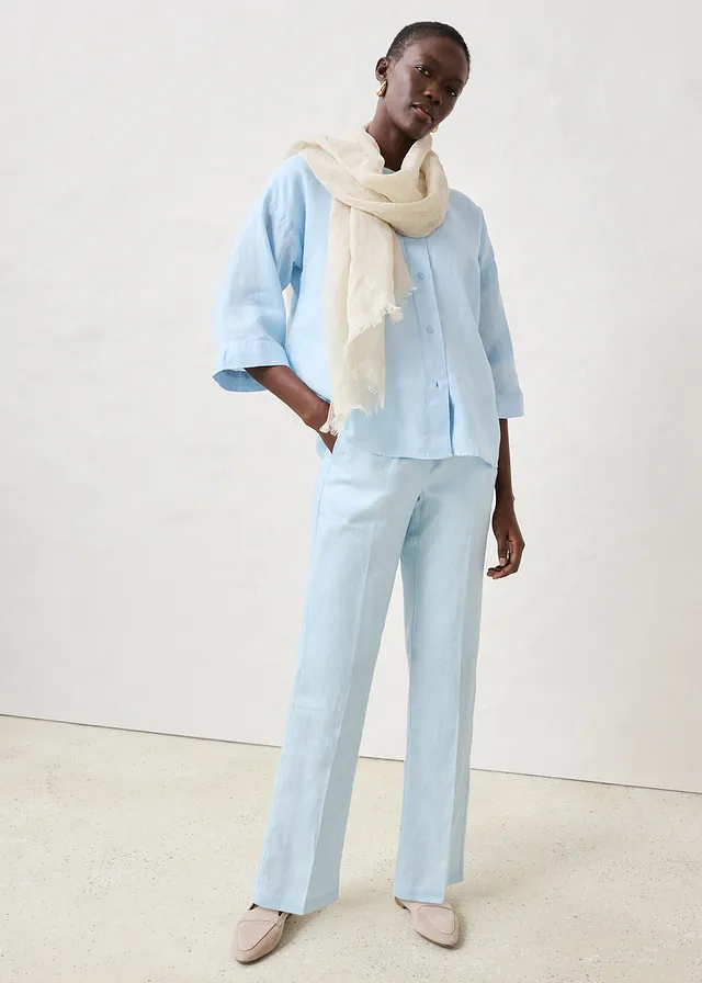 Pantalon taille élastiquée 100% lin bleu glacier