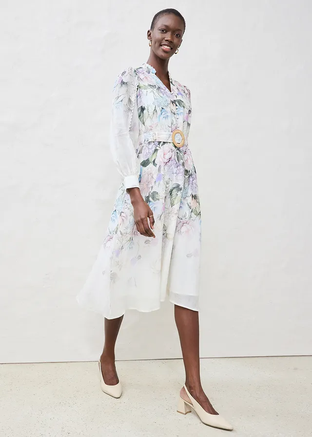 Ramie midi jurk (2-delige set met riem), Kleur: lila poudre gebloemd