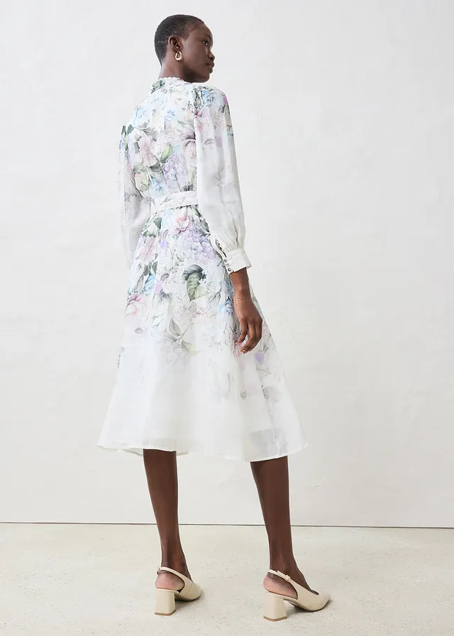 Ramie midi jurk (2-delige set met riem), Kleur: lila poudre gebloemd