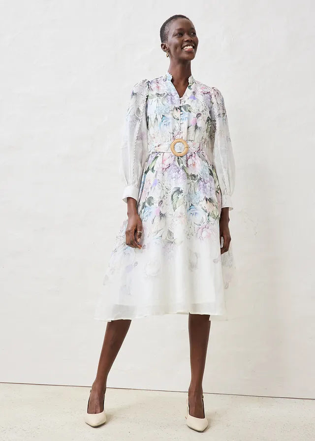 Ramie midi jurk (2-delige set met riem), Kleur: lila poudre gebloemd