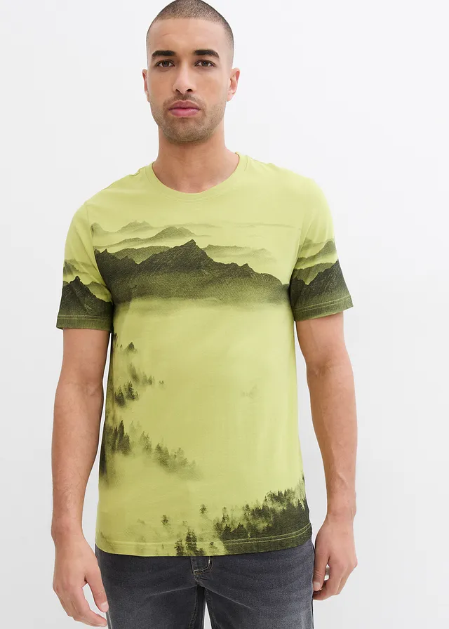 T-shirt, Kleur: geelgroen bedrukt