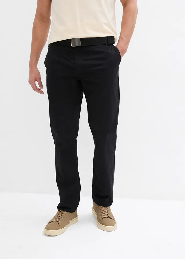 Spodnie chinosy o kroju regular fit z elastyczną gumką w talii i paskiem, straight • czarny • sklep bonprix