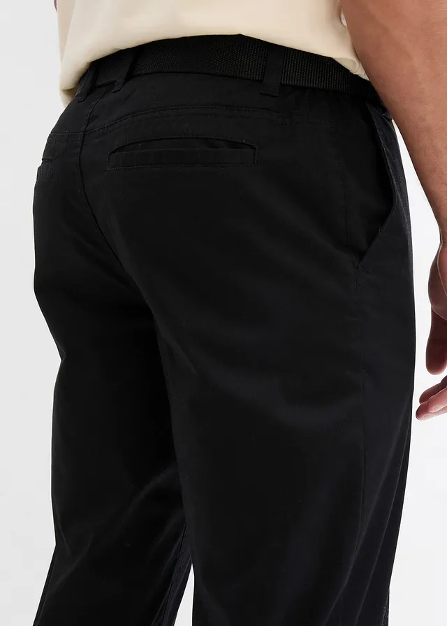 Spodnie chinosy o kroju regular fit z elastyczną gumką w talii i paskiem, straight • czarny • sklep bonprix