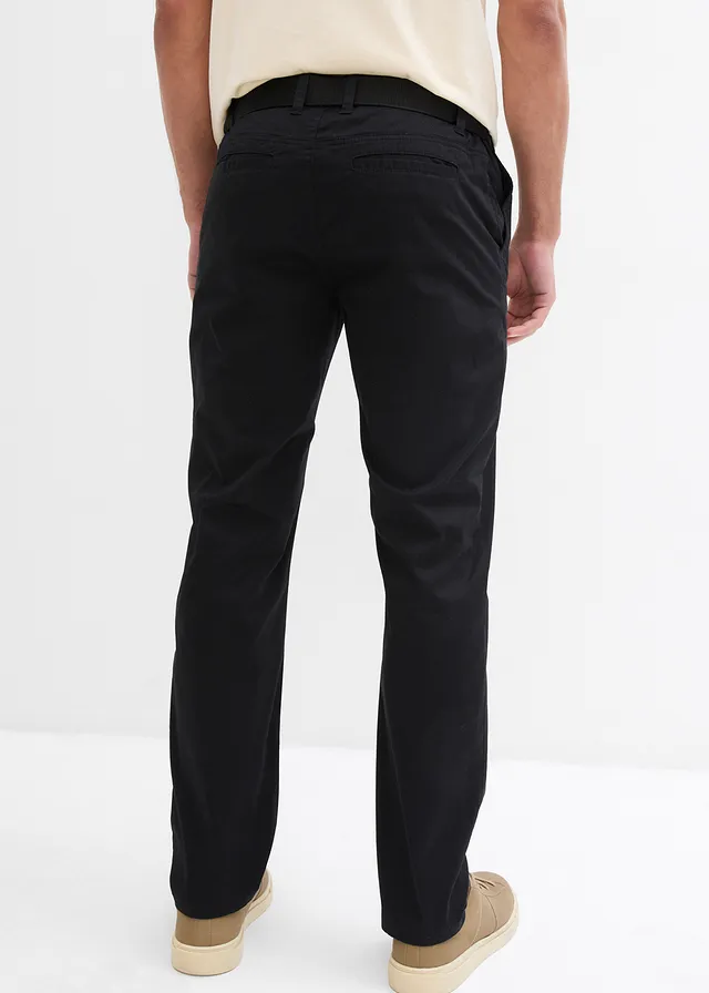 Spodnie chinosy o kroju regular fit z elastyczną gumką w talii i paskiem, straight • czarny • sklep bonprix