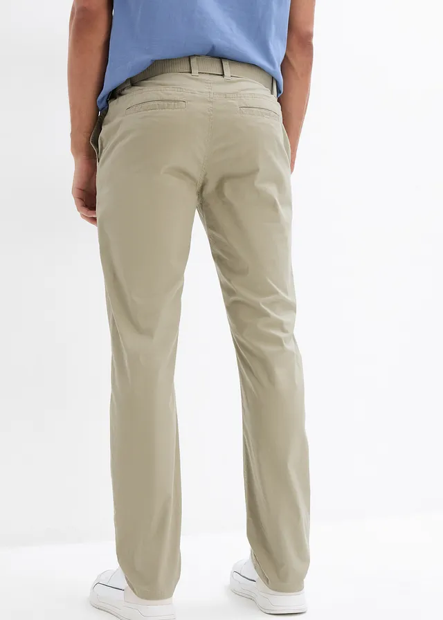 Regular fit stretch chino met comfortabele tailleband en riem, straight, Kleur: new kaki