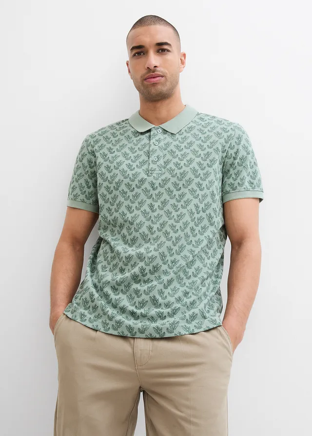 Polo en maille piquée 100% coton, Couleur: vert fumé imprimé