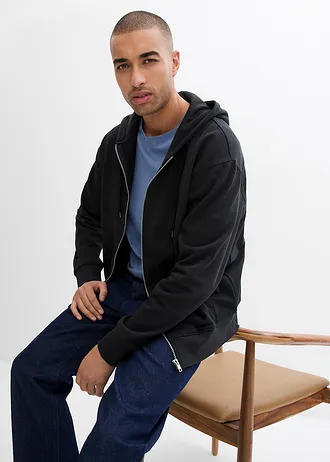 Bluza rozpinana z kapturem, z czystej bawełny organicznej, Loose Fit • czarny • sklep bonprix