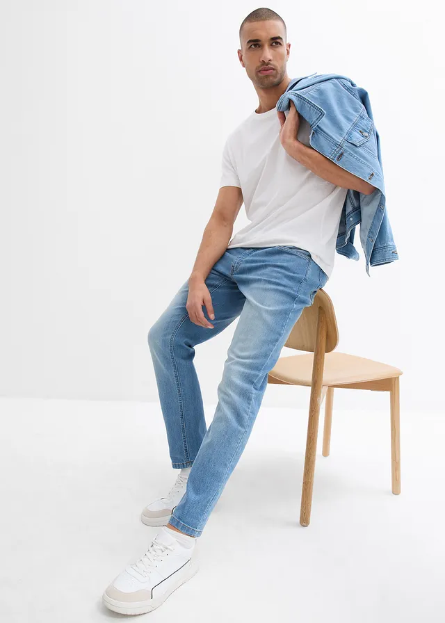 Lichte regular fit stretch jeans met elastische tailleband, straight (set van 2) • middelblauw denim+grey denim • product-page.page-title-suffix