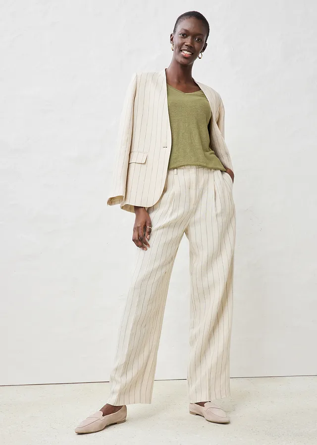 Tričko z čistého lnu světle písková s proužky