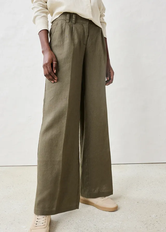 Pantalon à pinces 100% lin, Couleur: olive foncé