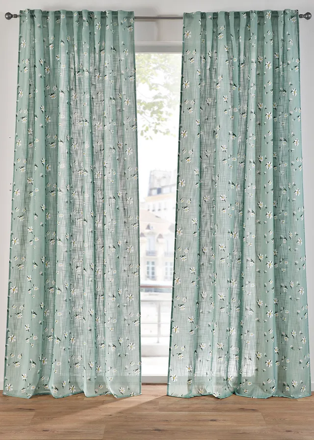 Gordijn van gerecycled polyester met bloemenprint (1 stuk), Kleur: lindegroen-wit gebloemd