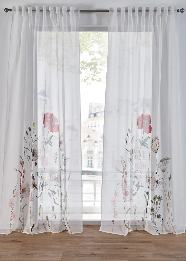 Transparant gordijn met bloemenprint (1 stuk) • wit-rood • bonprix online shop