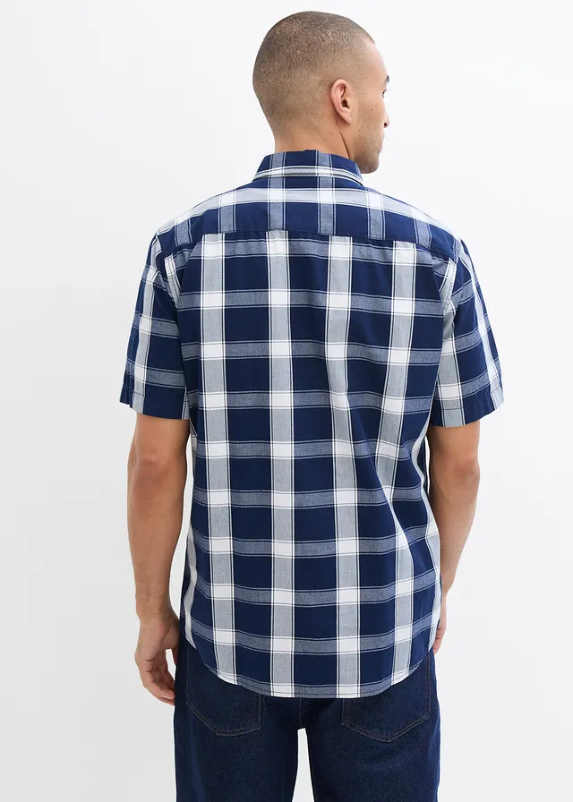 Overhemd van katoen met korte mouwen, Kleur: donkerblauw geruit