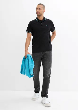 Piqué poloshirt van puur katoen, Kleur: zwart/turkoois