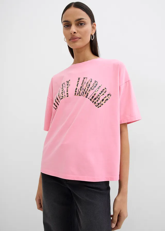 T-shirt doux et oversize en coton extensible, Couleur: rose glycine imprimé