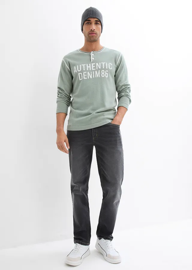 Henley trui van puur katoen rookgroen met print