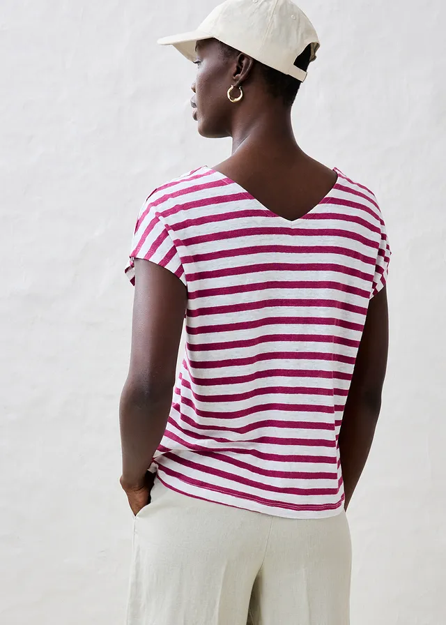 Linnen shirt met vleermuismouwen, Kleur: violet-wit gestreept