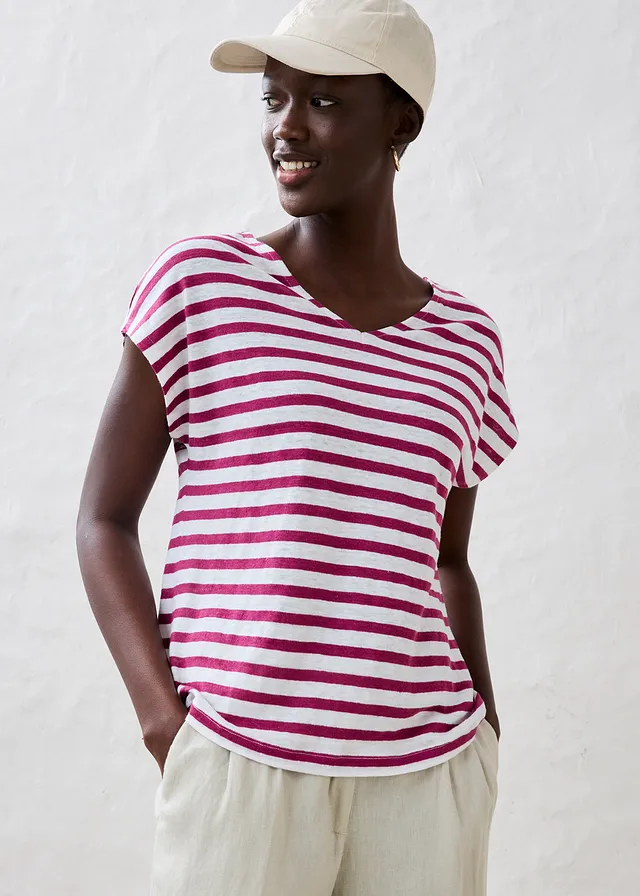 Linnen shirt met vleermuismouwen, Kleur: violet-wit gestreept