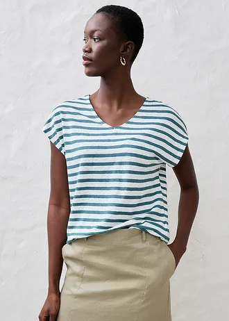 Tričko z čistého lnu, s netopýřími rukávy, barva: zelený pepř-bílá s proužky