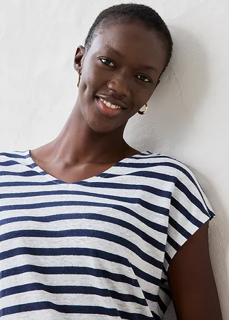 T-shirt 100% lin à manches chauve-souris • bleu foncé/blanc rayé • Boutique bonprix