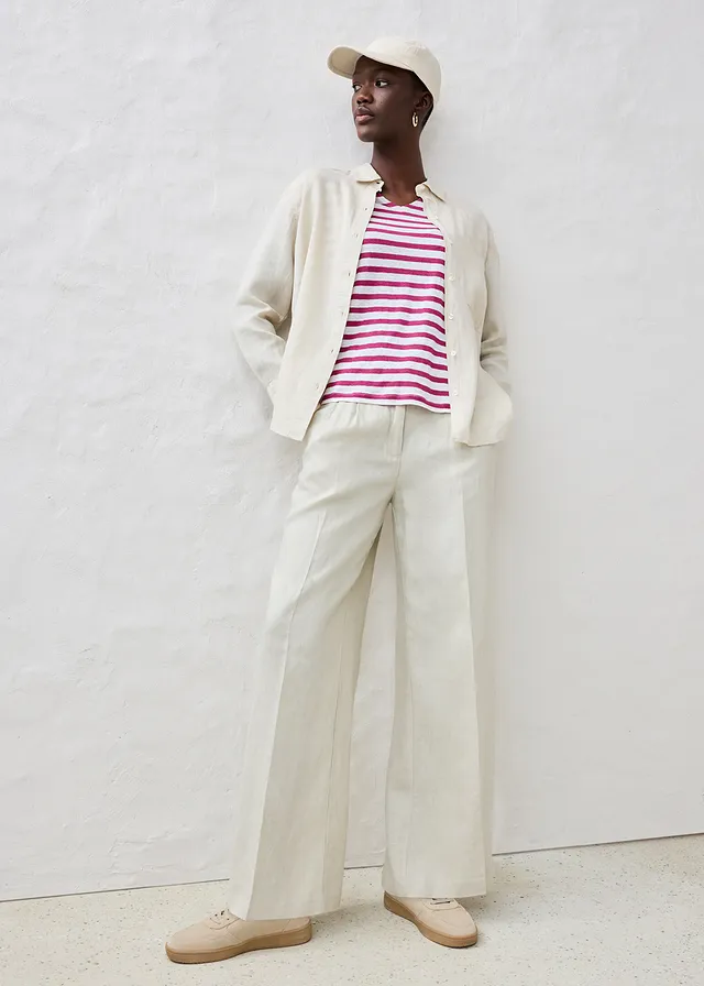 Linnen shirt met vleermuismouwen, Kleur: violet-wit gestreept