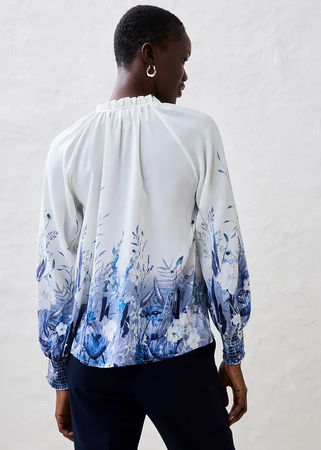 Blouse met zijde, Kleur: lichtblauw-donkerblauw gebloemd