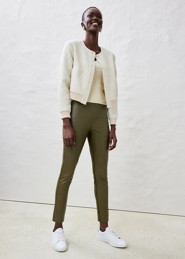 Legging en cuir d'agneau nappa à empiècement élastique blanc cassé